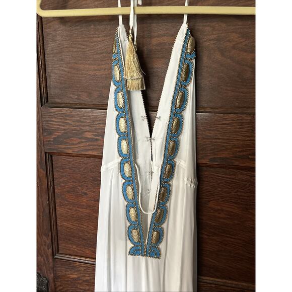 Asa Kaftans White Halter Dress Gold Turquoise Beading Size L / XL High Low - Picture 5 of 10